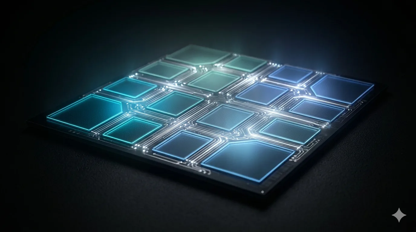 Several distinct model blocks resident together on one chip, linked by glowing bank-select pathways.