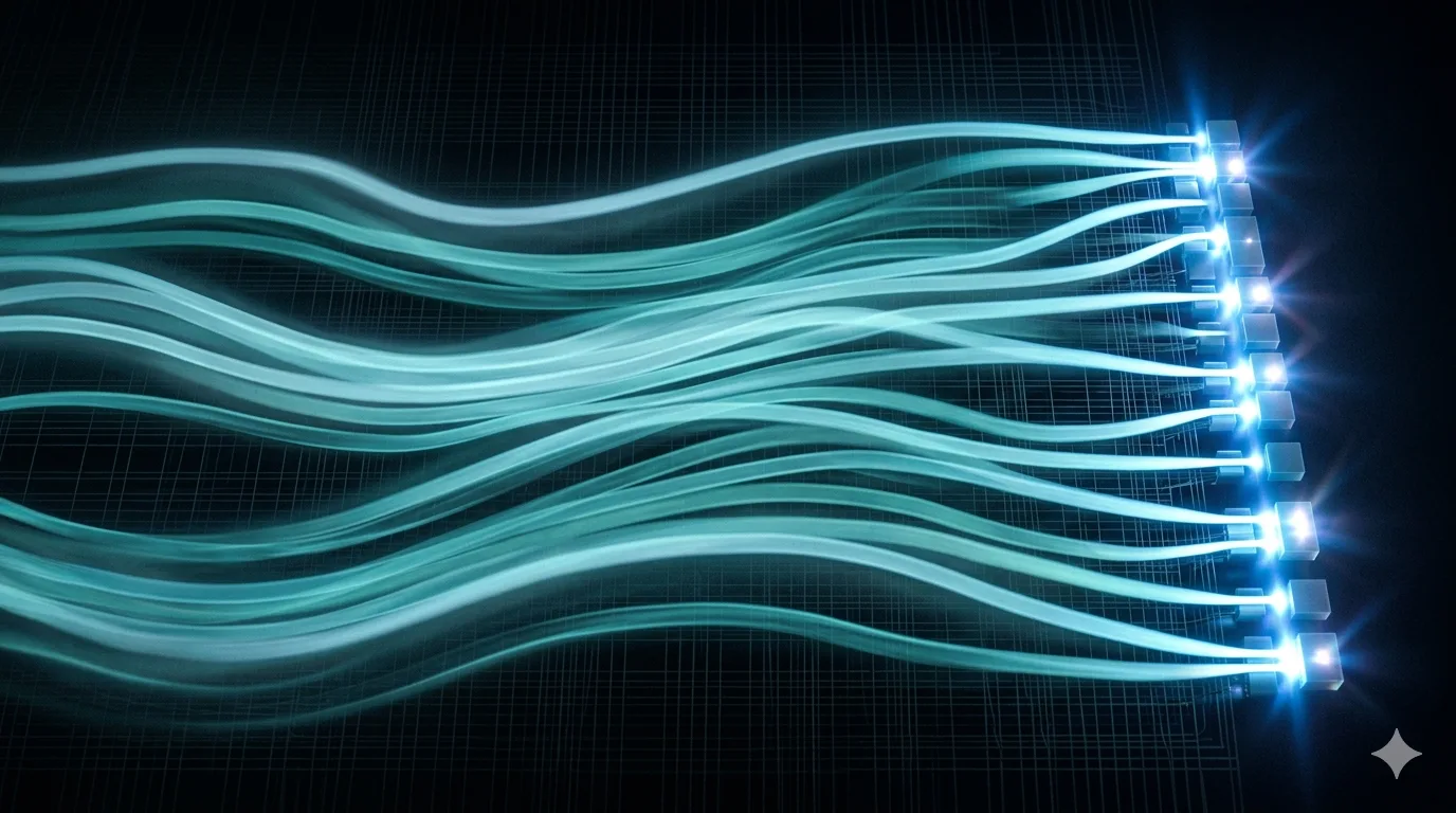 Analog currents flowing as smooth bands of light along a crossbar, with a row of converters at the edge glowing hot where the energy is spent.