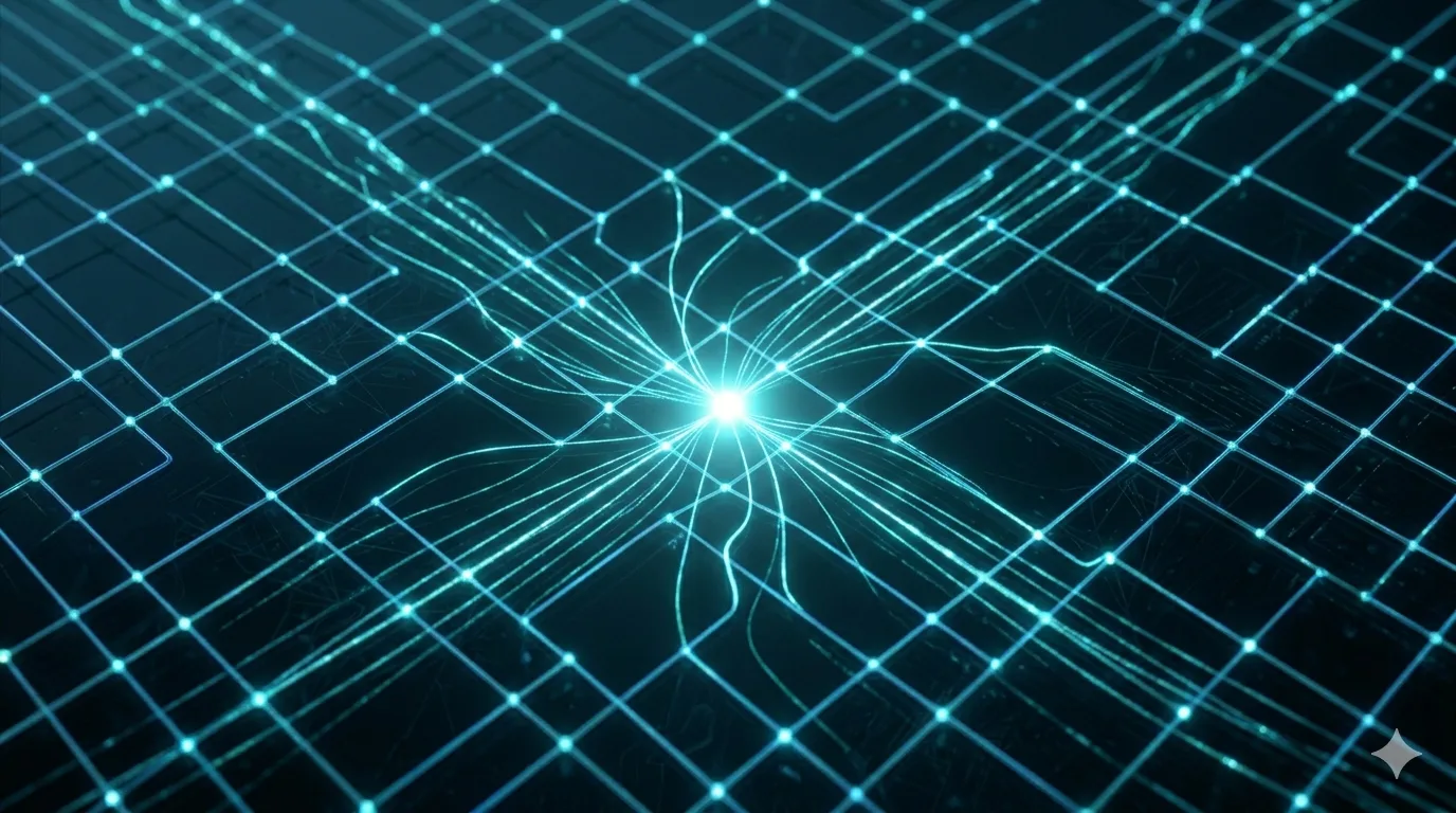 A macro view of a memristor crossbar grid, light running along the wires where computation happens in place.